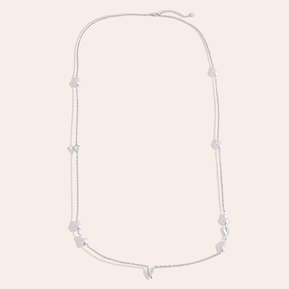 95cm  Herz Perlen Edelstahl Halskette