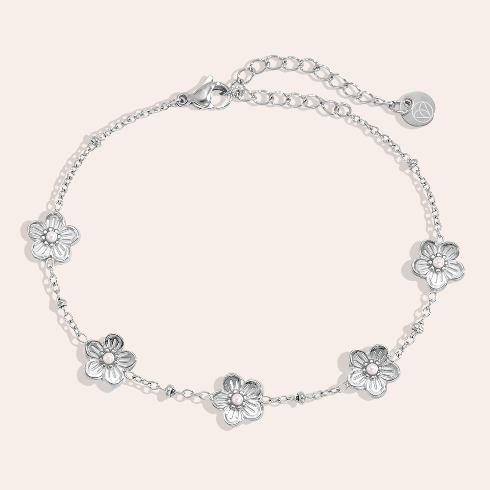 Edelstahl Armband 17cm Fünf Blumen mit kleinen Kunstperlen