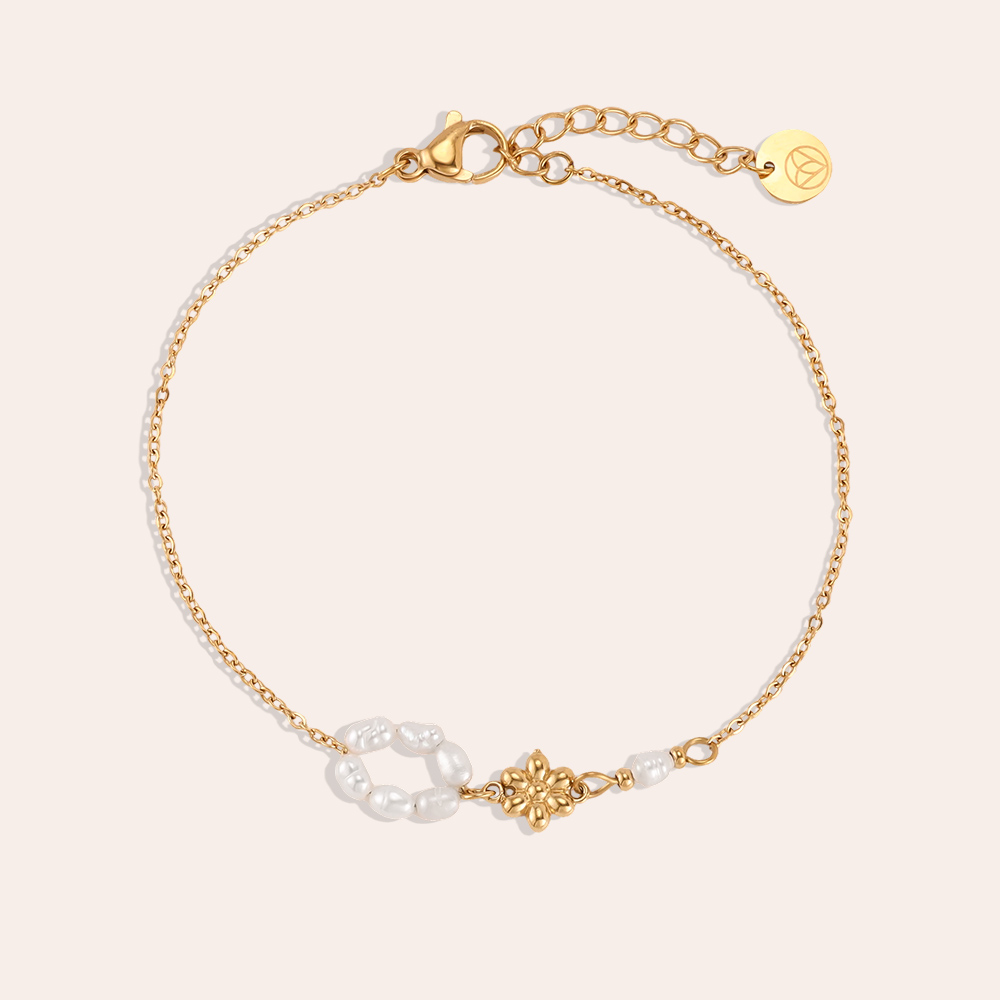 Edelstahl Armband 17cm Perlenring und goldene Blume