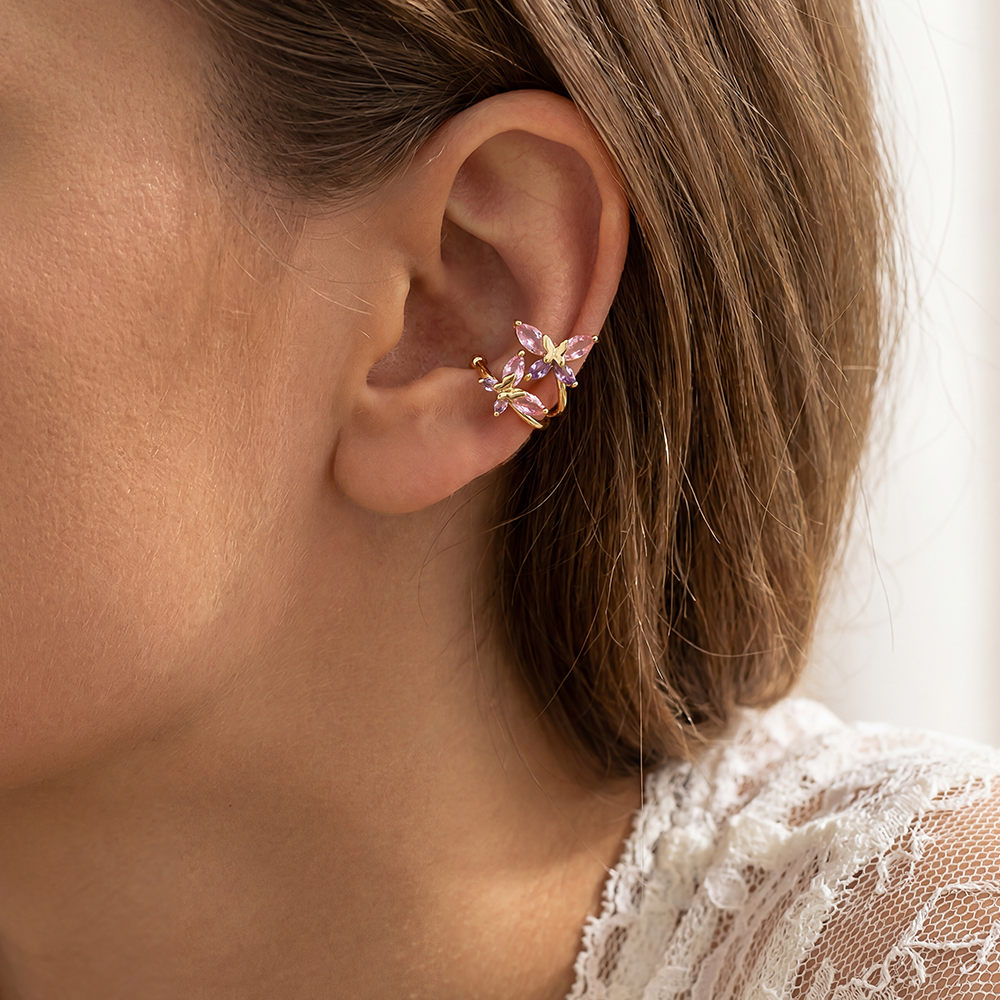 Vergoldete Ear-cuffs 15mm Zwei Zirkonia Schmetterlinge