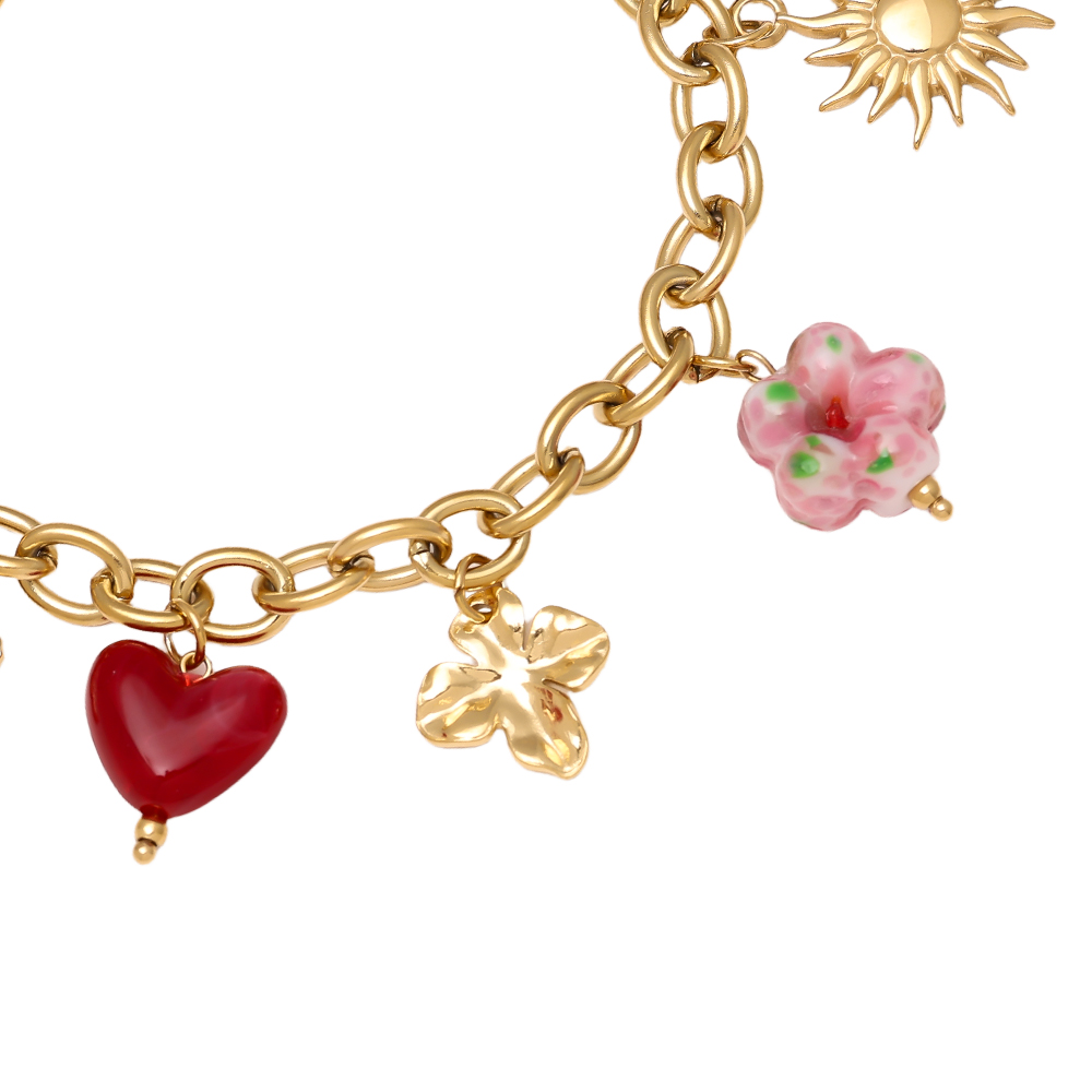 17cm Acryl Herz Blumen Beads Edelstahl Armband