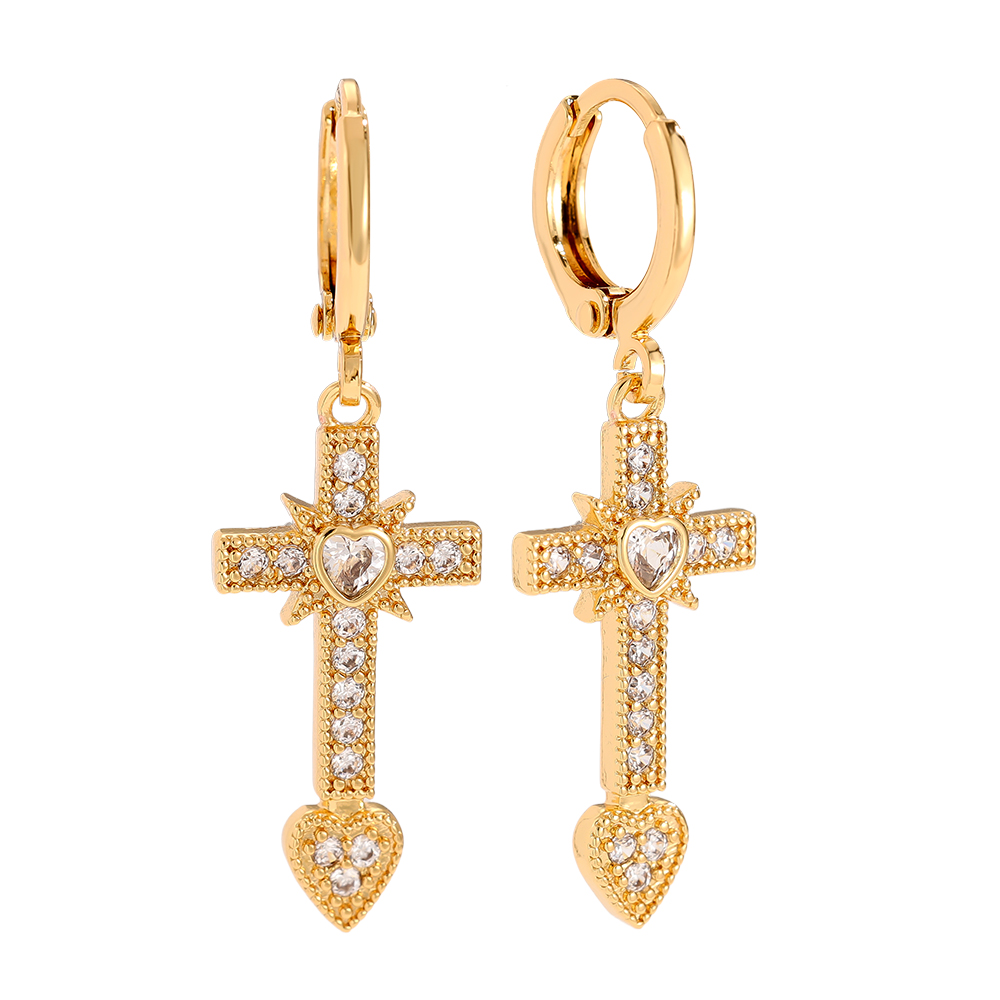 3.9cm Diamond Cross And Heart Vergoldete Ohrringe      