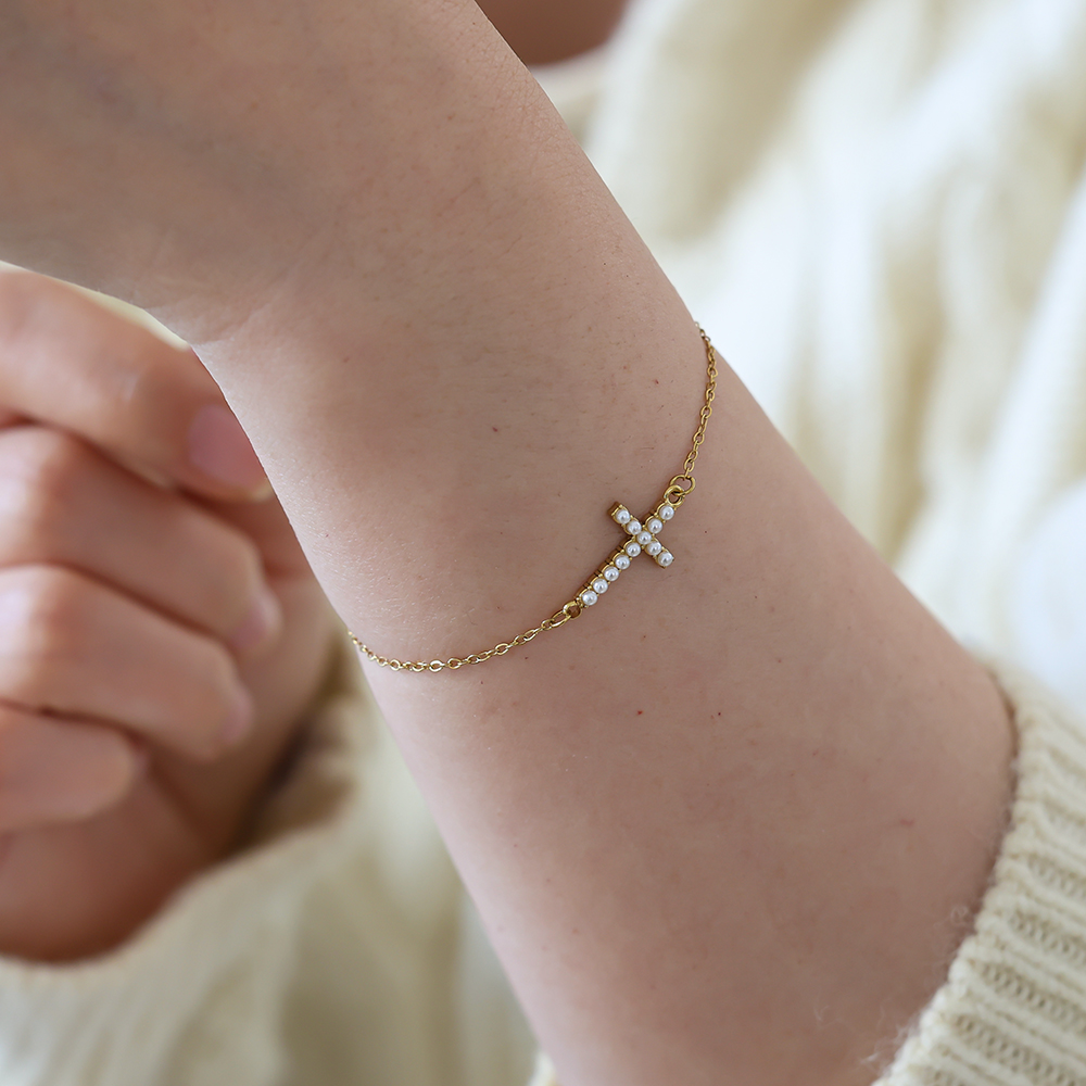 17cm Perlenkreuz Edelstahl Armkette        