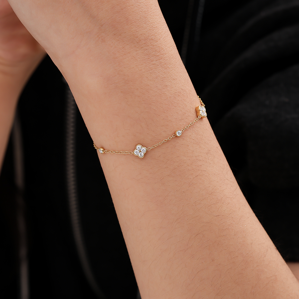 17cm Feines Zirkonia Kleeblatt Edelstahl Armband 