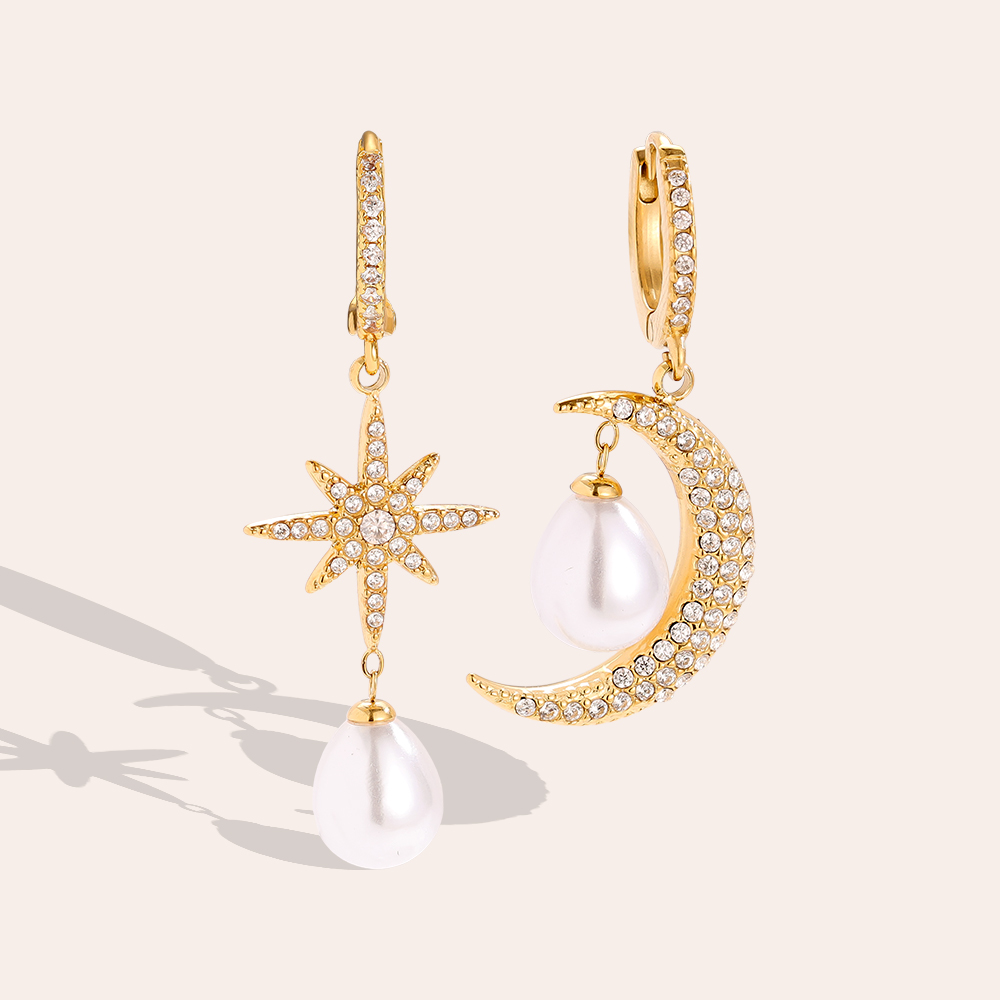 44mm Sparkling Diamond Moon And Star With Pearl Edelstahl Ohrringe             