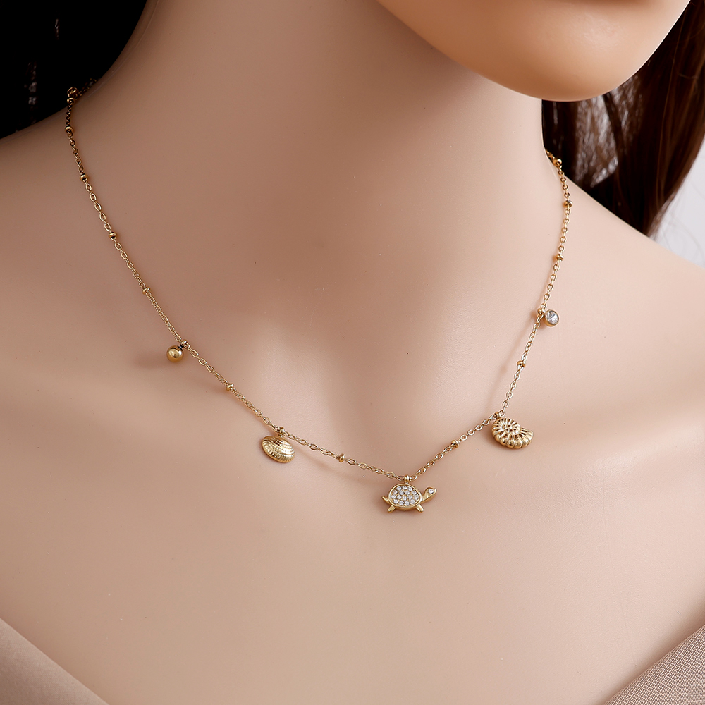 40cm Strass Schildkröte und kleine Muschel Edelstahl Halskette 