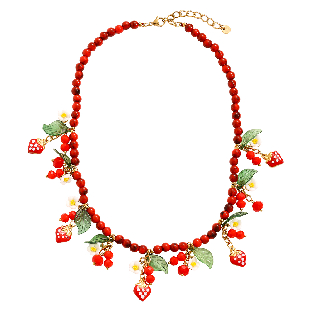 Edelstahl Halskette 42cm Acrylperlen mit Erdbeeren und Blumen