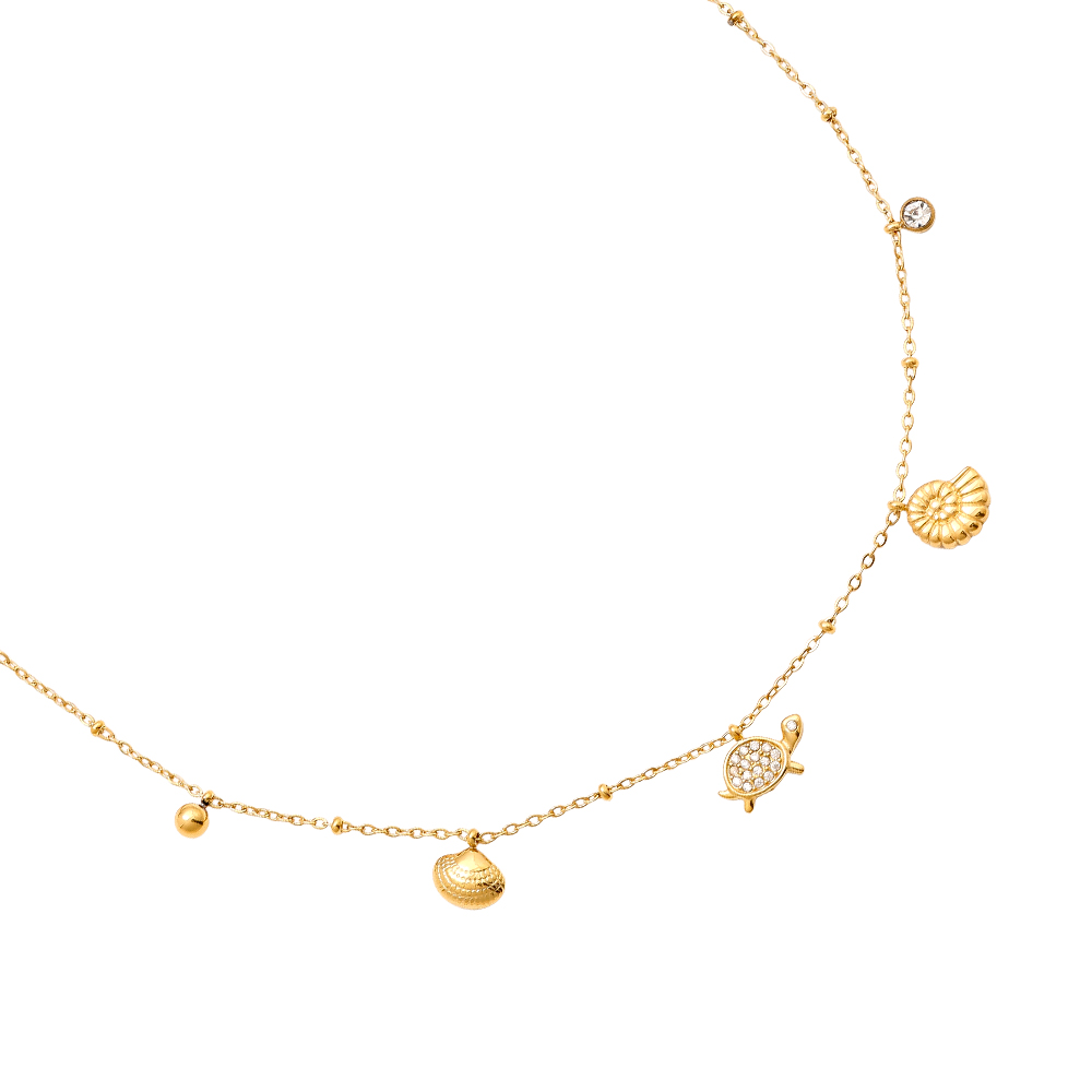 40cm Strass Schildkröte und kleine Muschel Edelstahl Halskette 