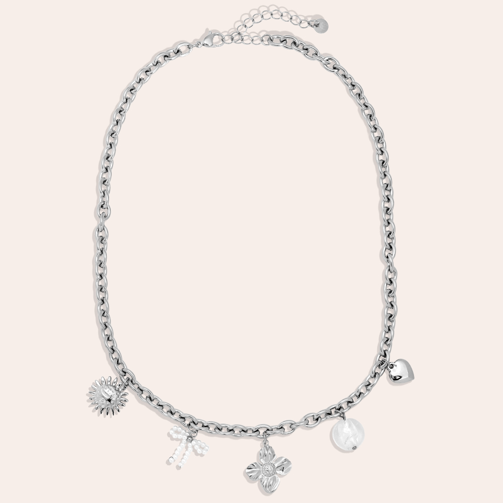 43cm Sonne, Blume, Herz und Perlen Anhänger Edelstahl Halskette