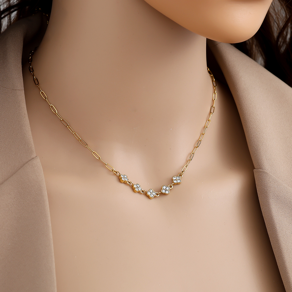 41cm Three Diamond Flowers Edelstahl Halskette     