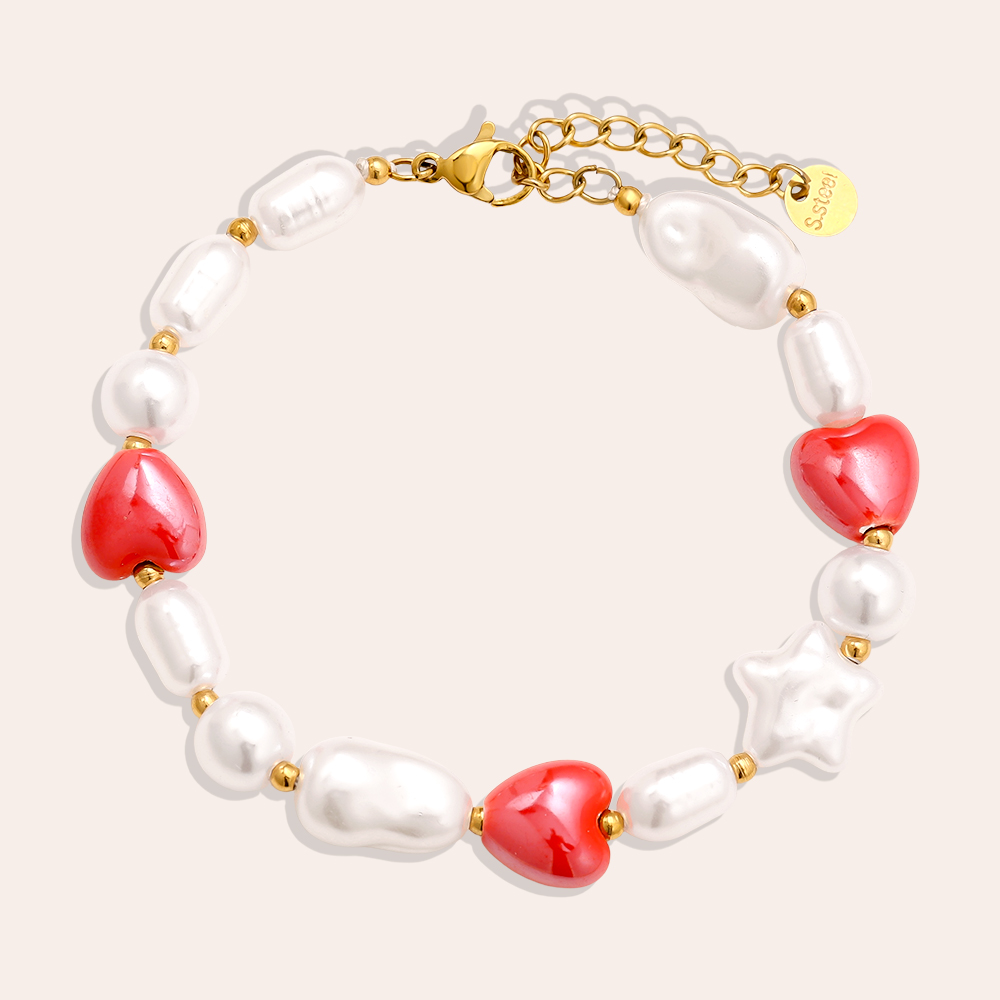 18cm Small Red Heart In Pearl Chain Edelstahl Armkette     