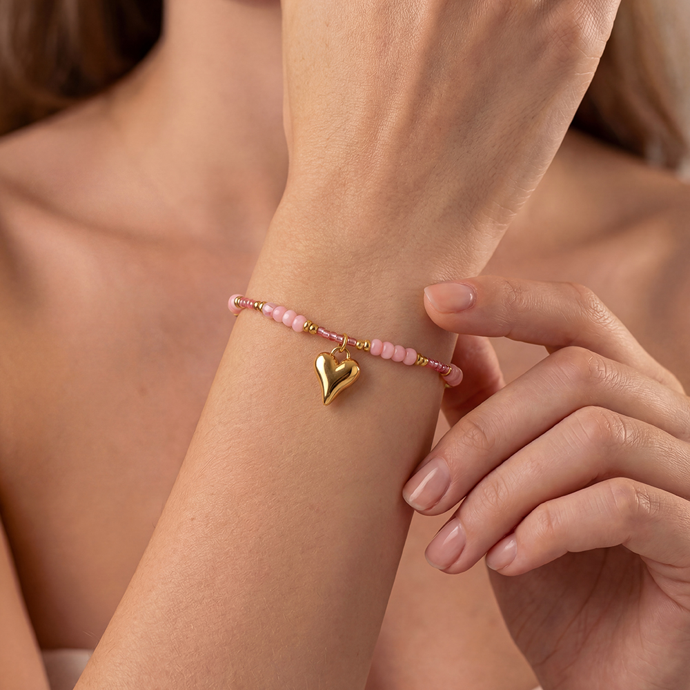 17cm rosa Perlenstrang und Herz Edelstahl Armband   