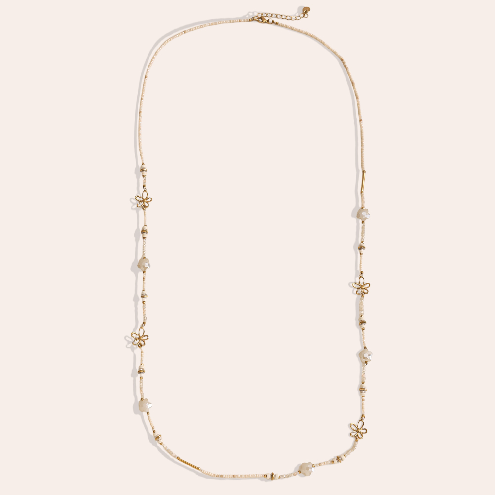 94cm kleine Harzperlenkette mit goldenen Blumen Edelstahl Halskette         