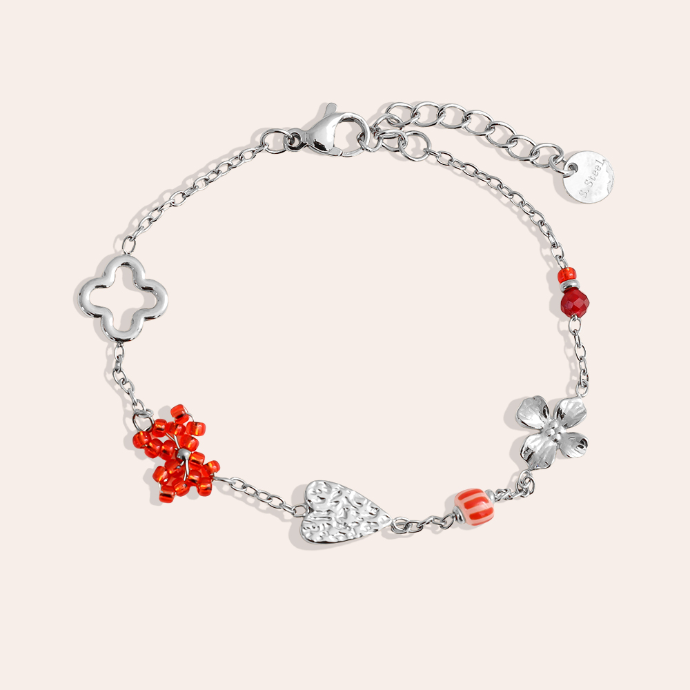 16cm Herz, Kleeblatt und Blumen Perlen Edelstahl Armband