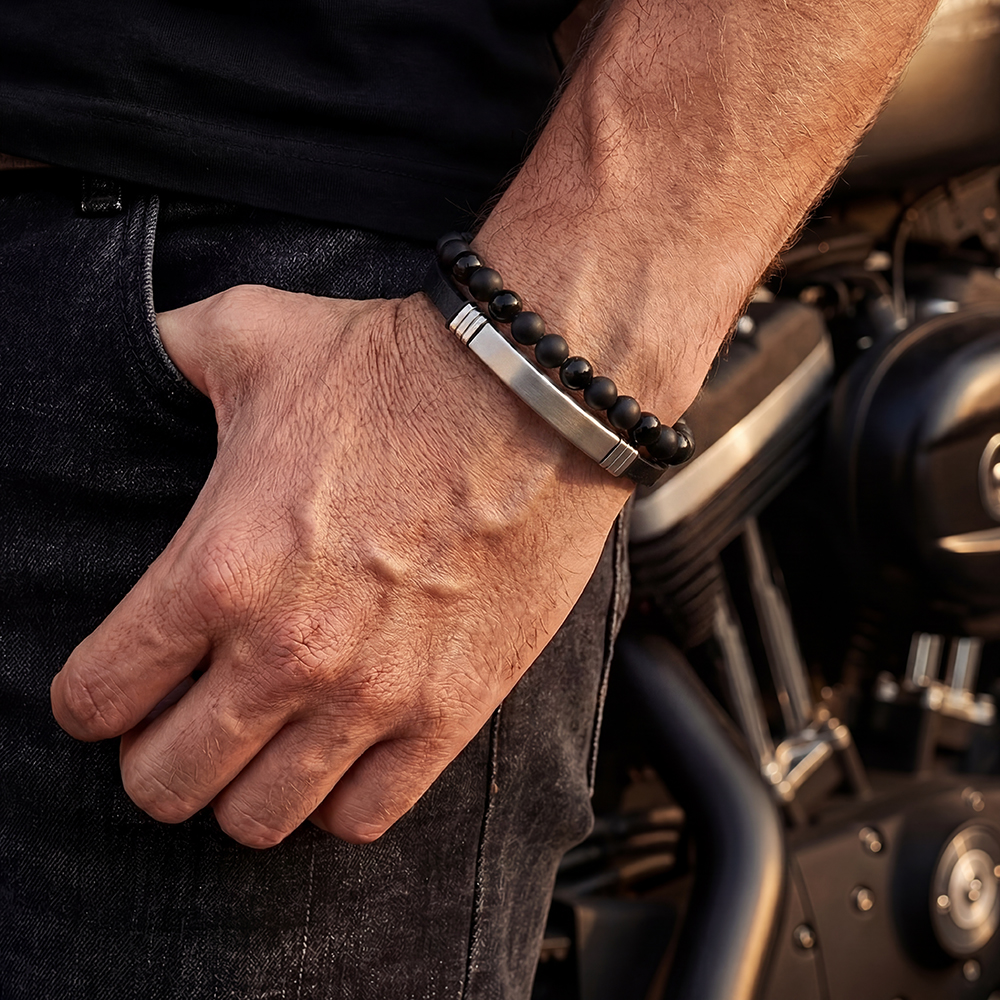  Edelstahl Armband PU Mehrlagig Korn 