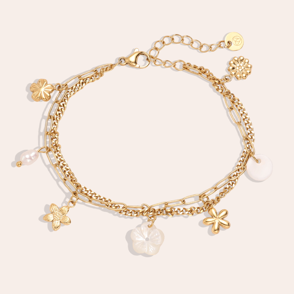Edelstahl Armband 17cm zweireihiges mit Blumen und Perlen 