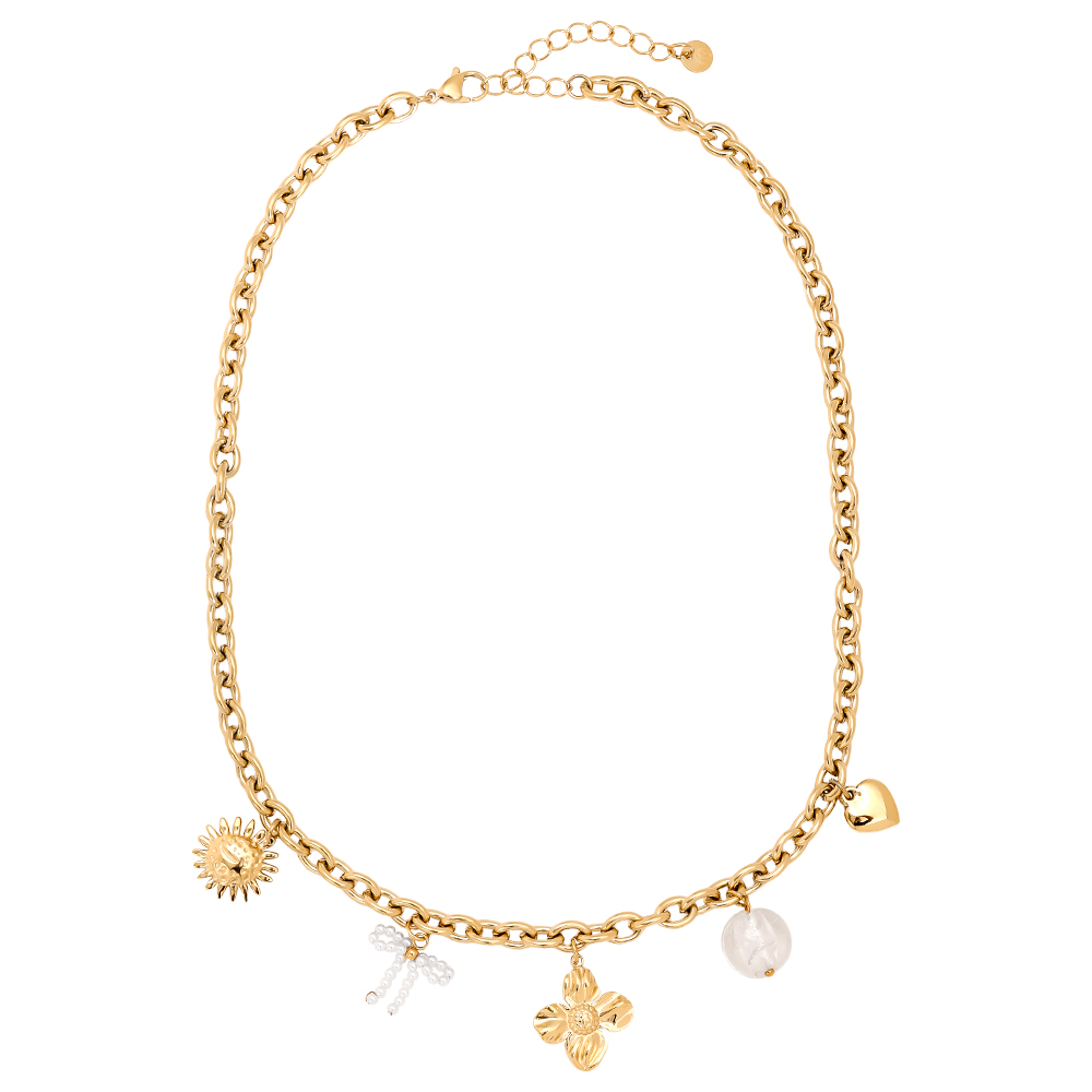 43cm Sonne, Blume, Herz und Perlen Anhänger Edelstahl Halskette