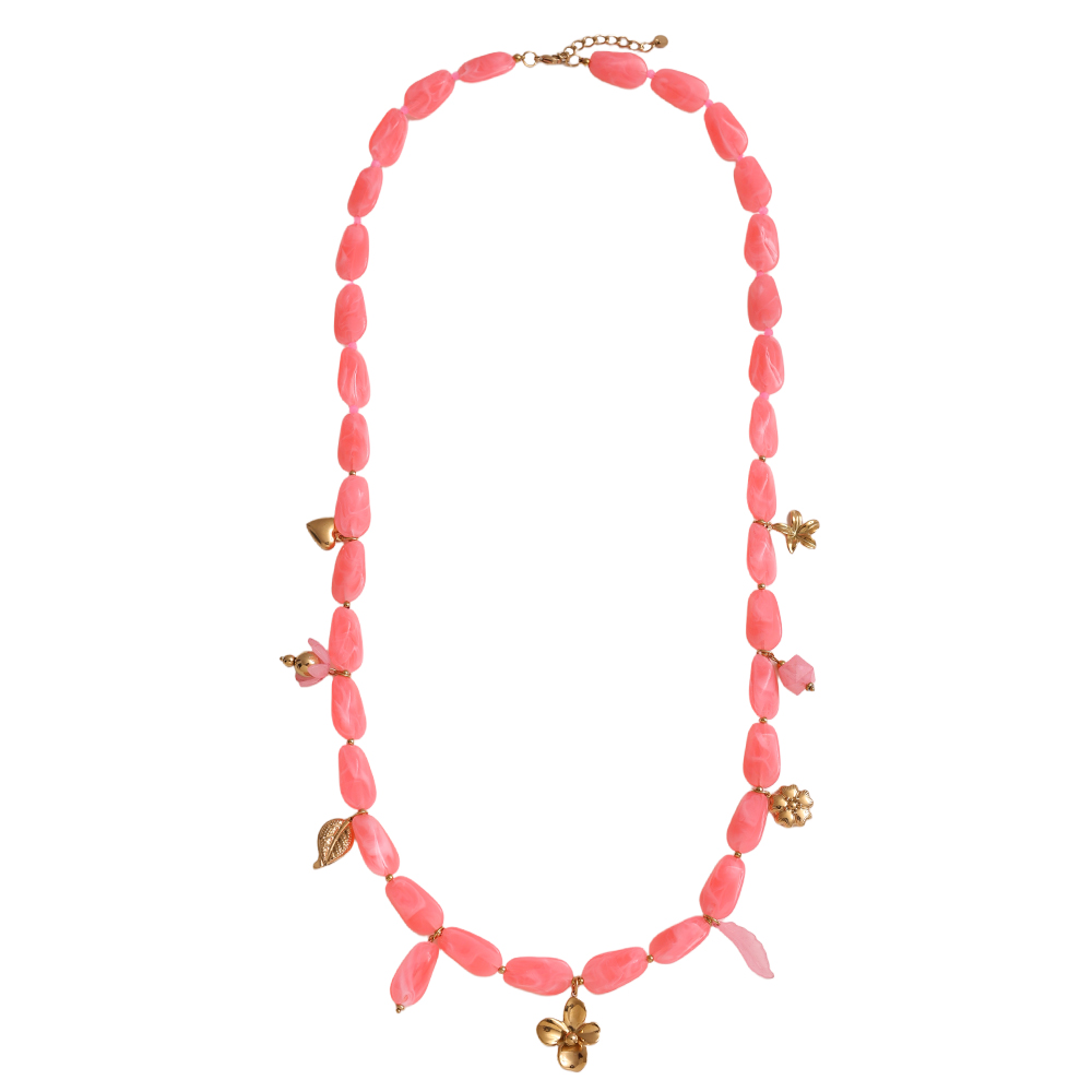 90cm längliche Acrylstücke und goldene Blumenanhänger Edelstahl Halskette      