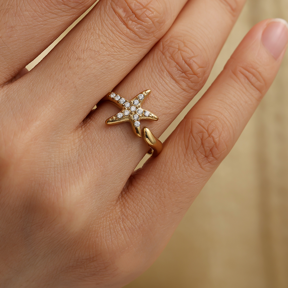 Verstellbarer Strass Seestern Edelstahl Ring 