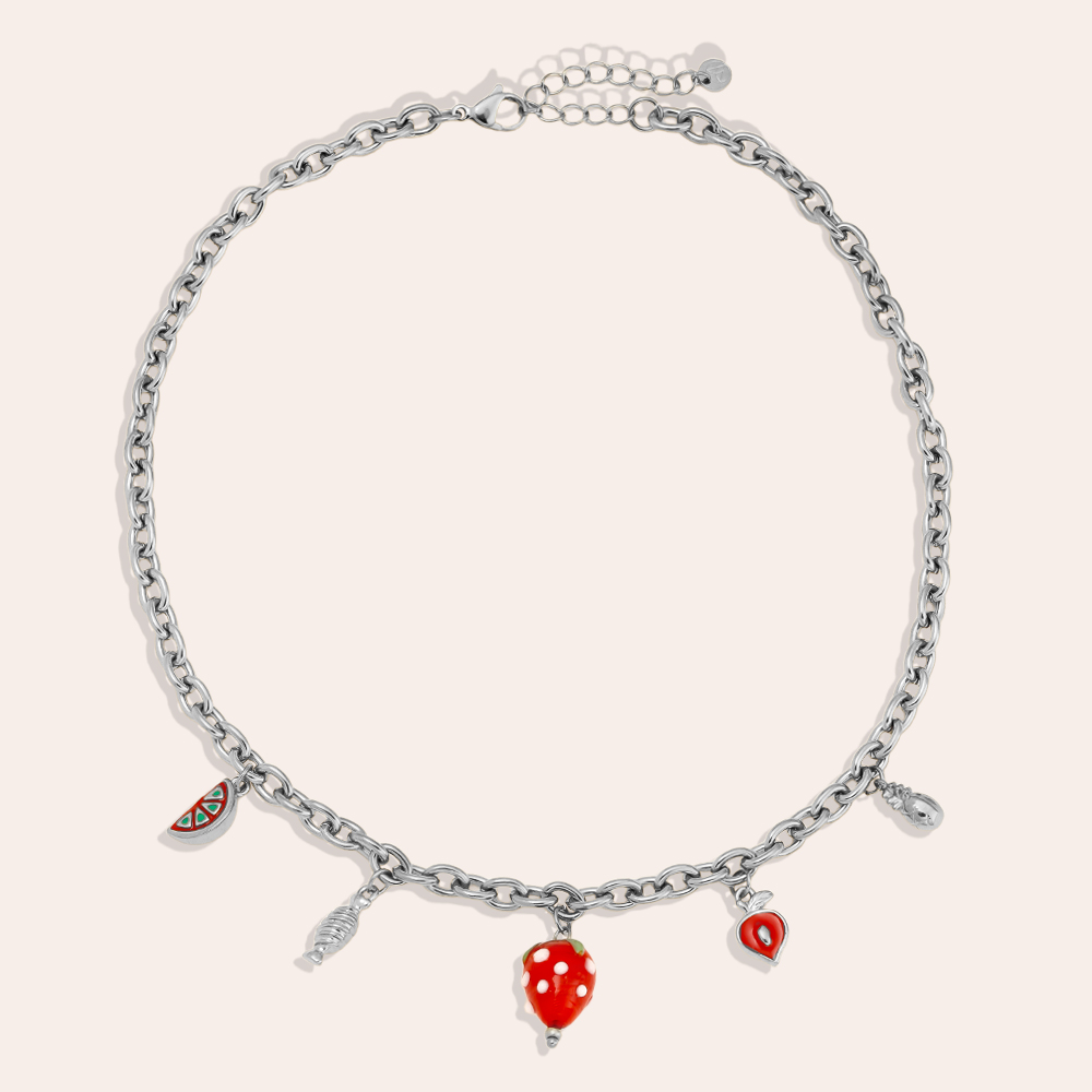 42cm Strawberry Heart Edelstahl Halskette