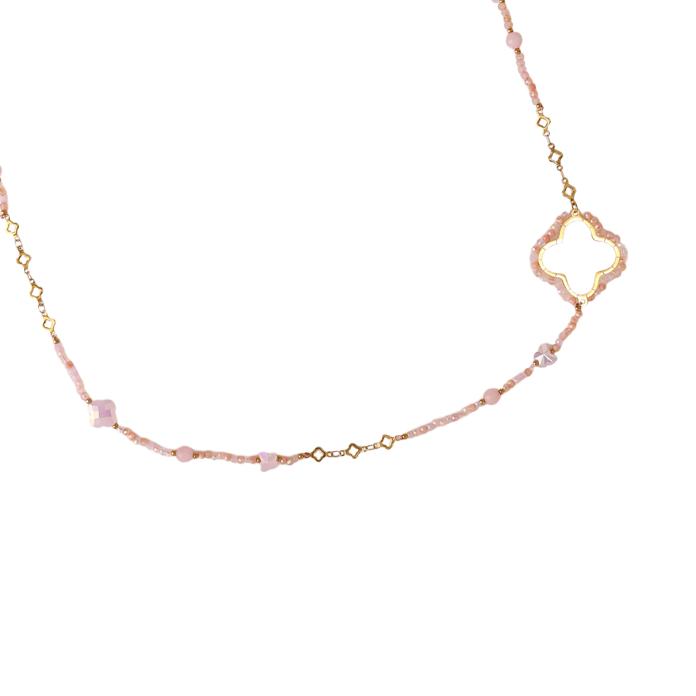 96cm Kleeblatt und Kristallen Edelstahl Halskette    