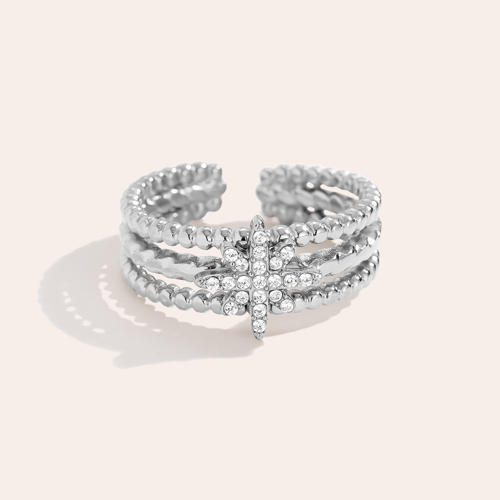 Diamond Star In Three Line Edelstahl Ring      