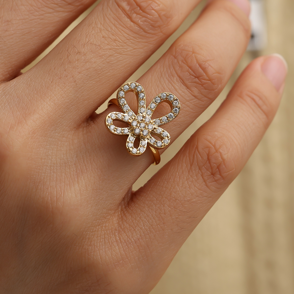 Pretty Diamond Flower Edelstahl Ring     