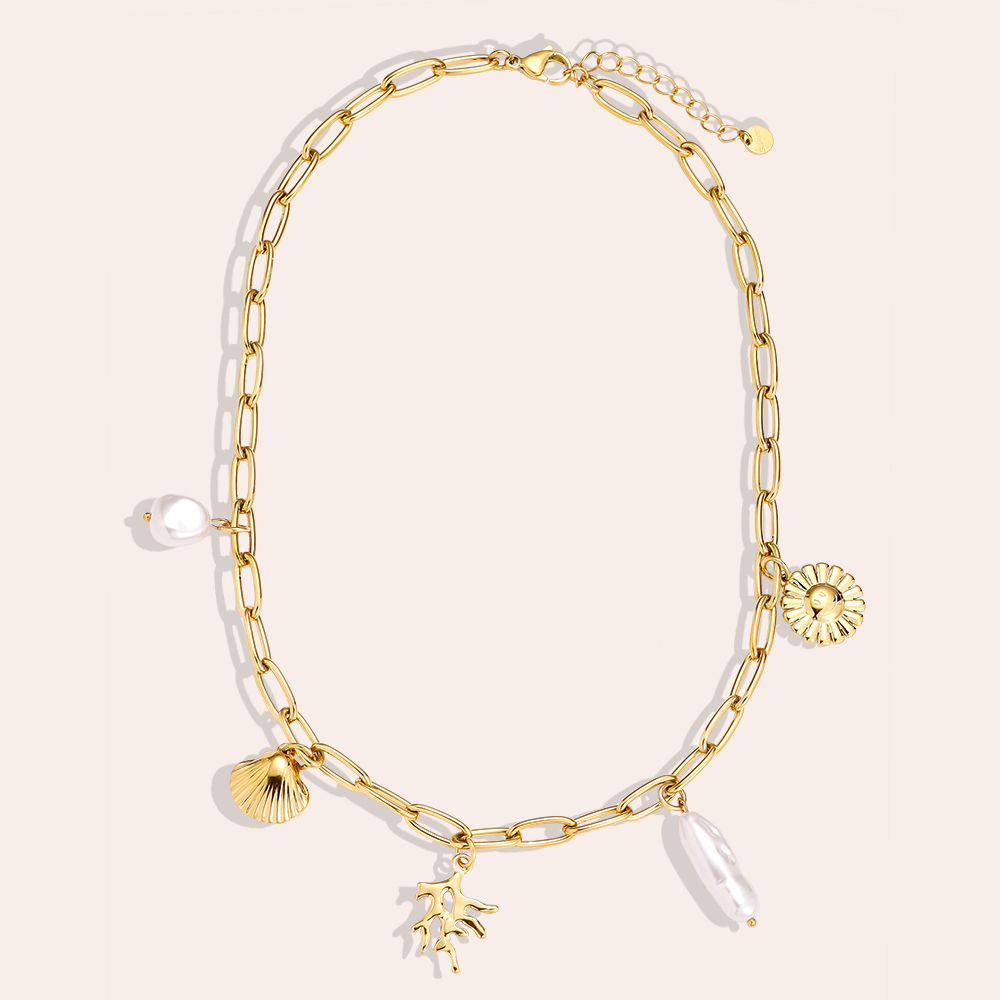 41cm Charm Pearl Shells Edelstahl Halskette