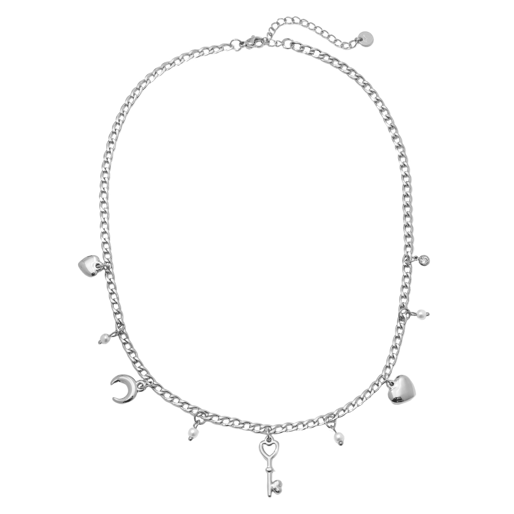 41cm Herz Mond Schlüssel und Perle Edelstahl Halskette