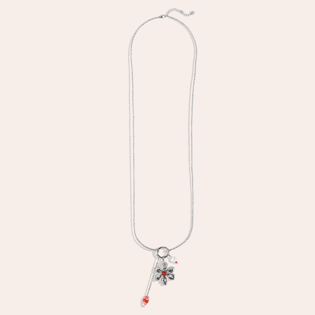 Edelstahl Halskette 80cm große Blume und rot Deko  