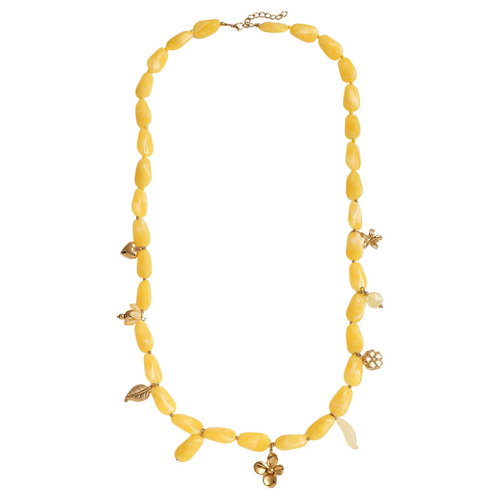 90cm längliche Acrylstücke und goldene Blumenanhänger Edelstahl Halskette      