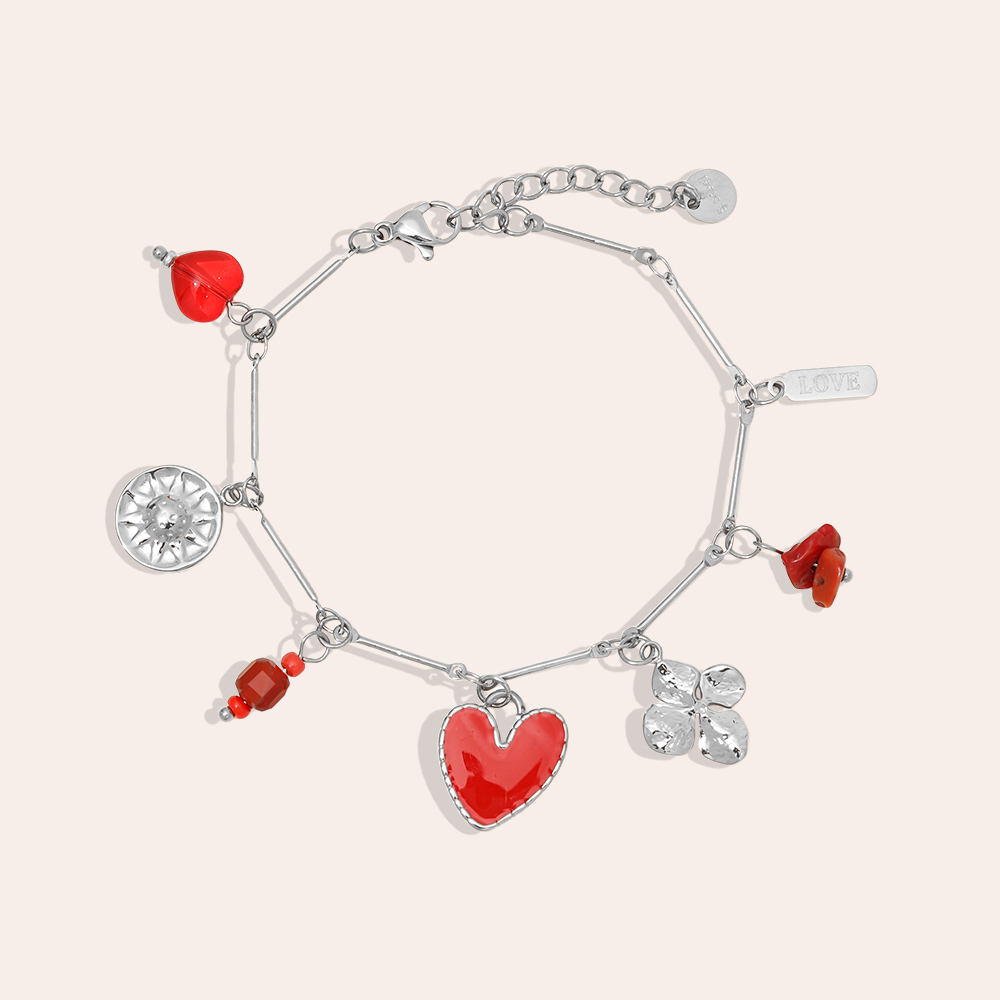 16cm rote Herz und Blume Edelstahl Armband     