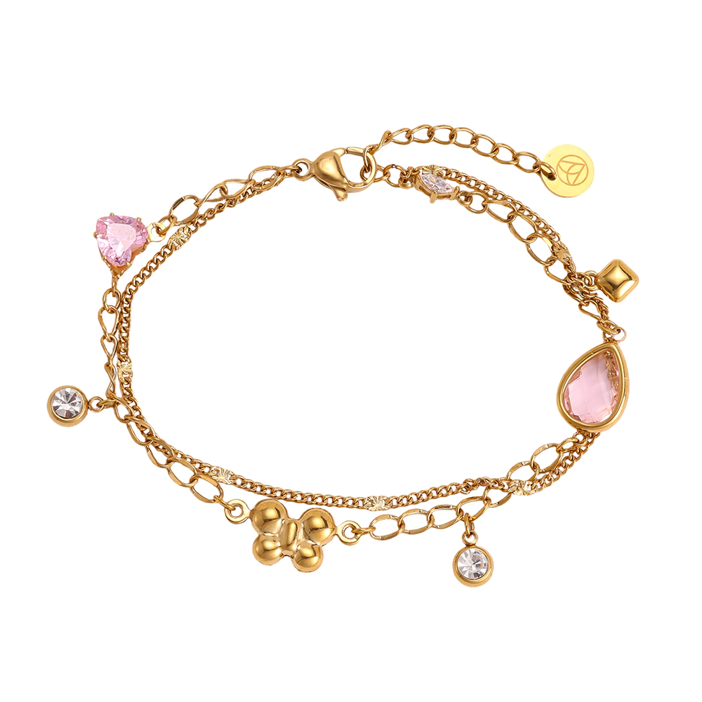 Edelstahl Armband 17cm rosa Glas und goldener Schmetterling