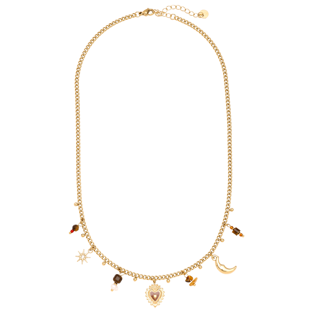 Edelstahl Halskette 42cm Natural Stone And Charms