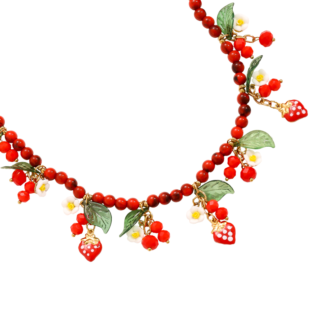 Edelstahl Halskette 42cm Acrylperlen mit Erdbeeren und Blumen