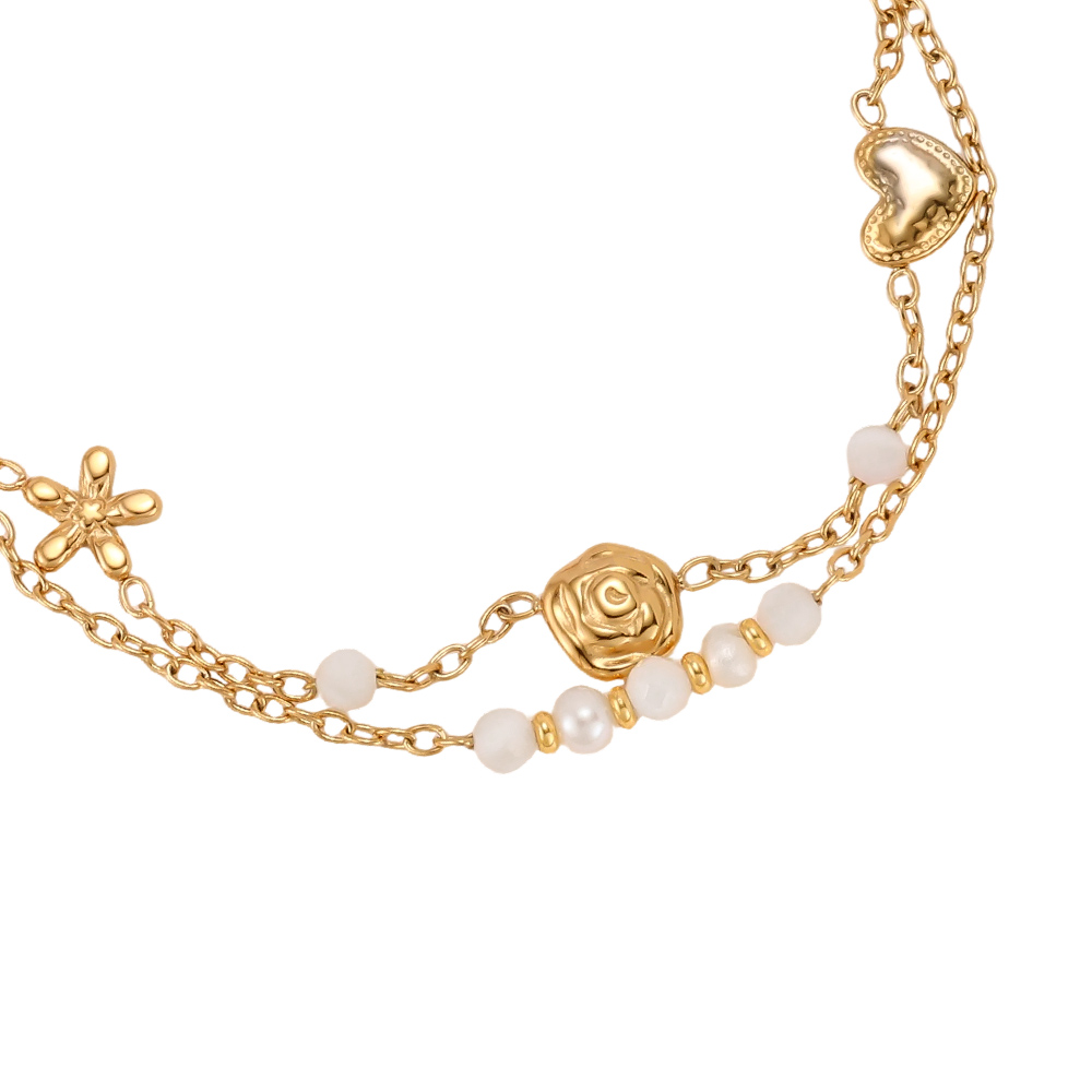 16.5cm Blume Rose Herz Perlen Doppelketten Edelstahl Armband