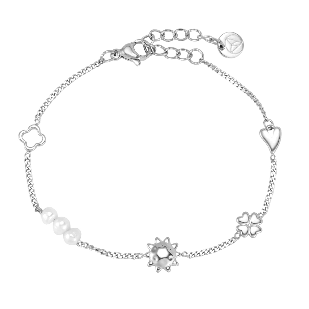 Edelstahl Armband 16cm Sonne Kleeblatt Herz und Perle