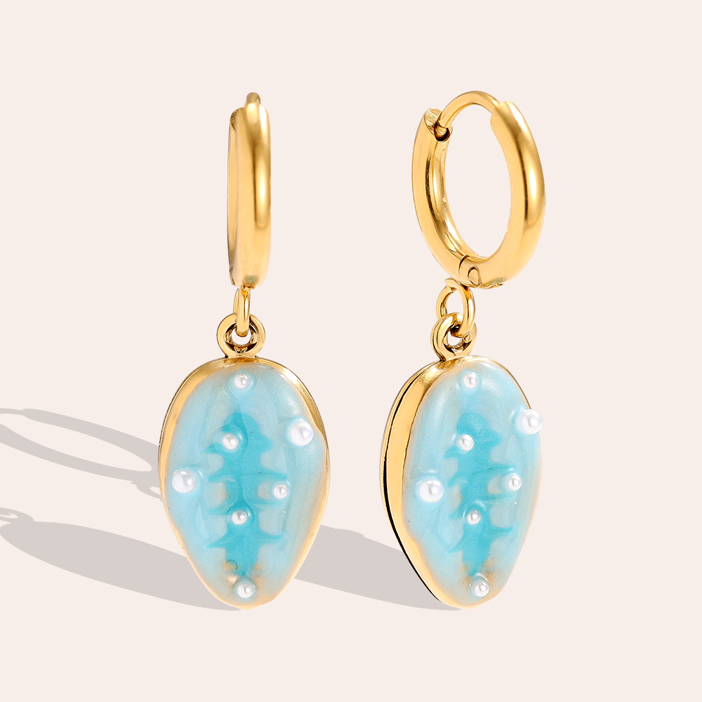 1*3cm hellblaue Muschel Edelstahl Ohrringe  