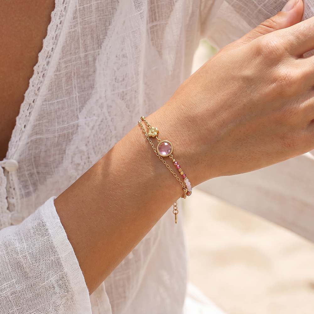 Edelstahl Armband 17cm rosa runder Zirkonia und goldene kleine Blume