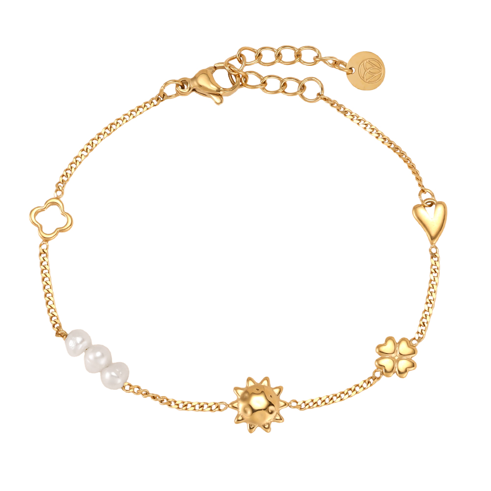 Edelstahl Armband 16cm Sonne Kleeblatt Herz und Perle