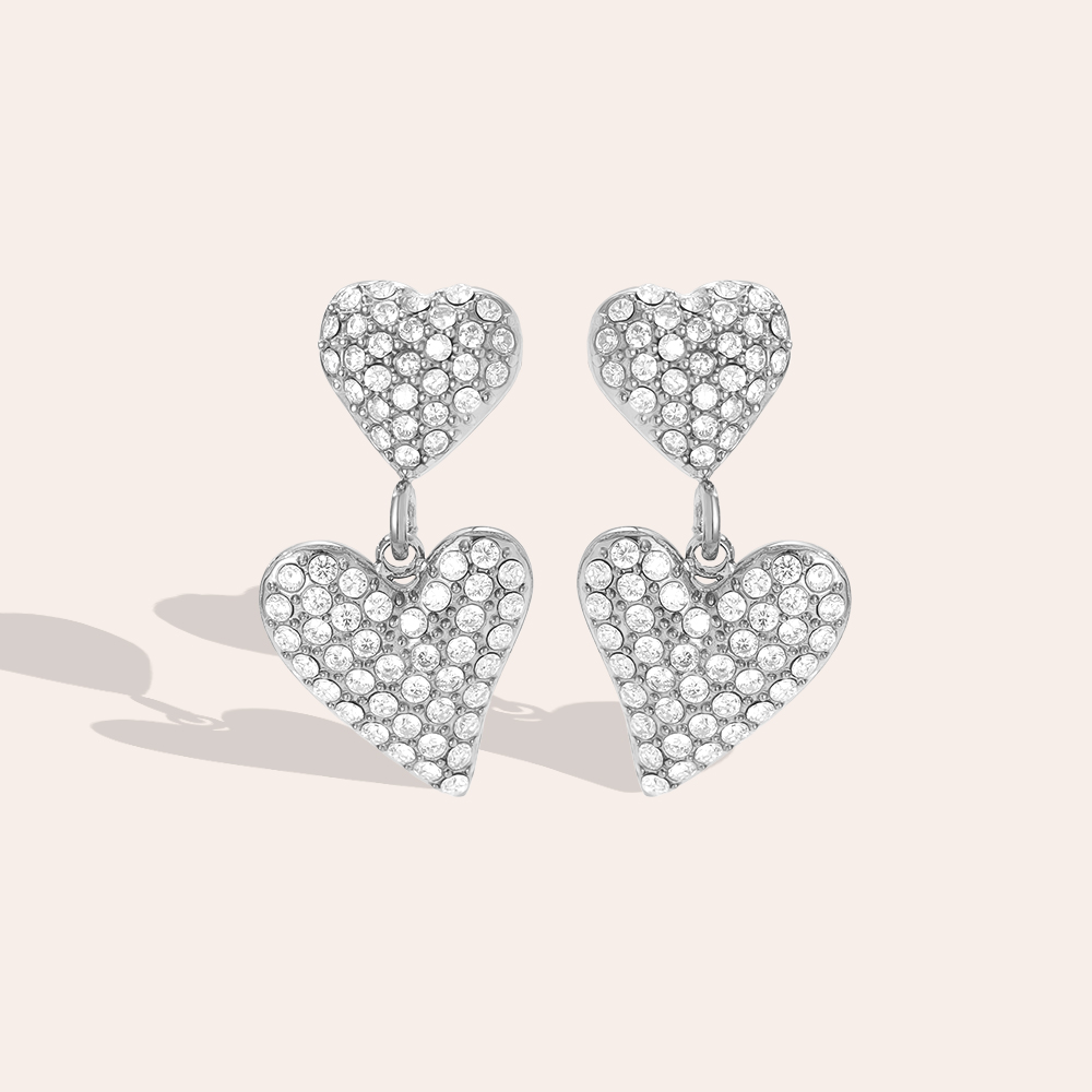 1*2cm Two Diamond Hearts Edelstahl Ohrringe            