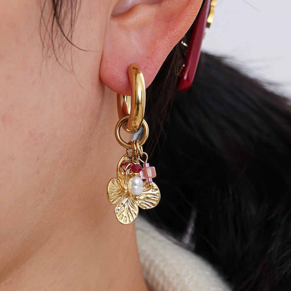 45mm Blüten Süßwasserperlen und Naturstein Edelstahl Ohrringe 