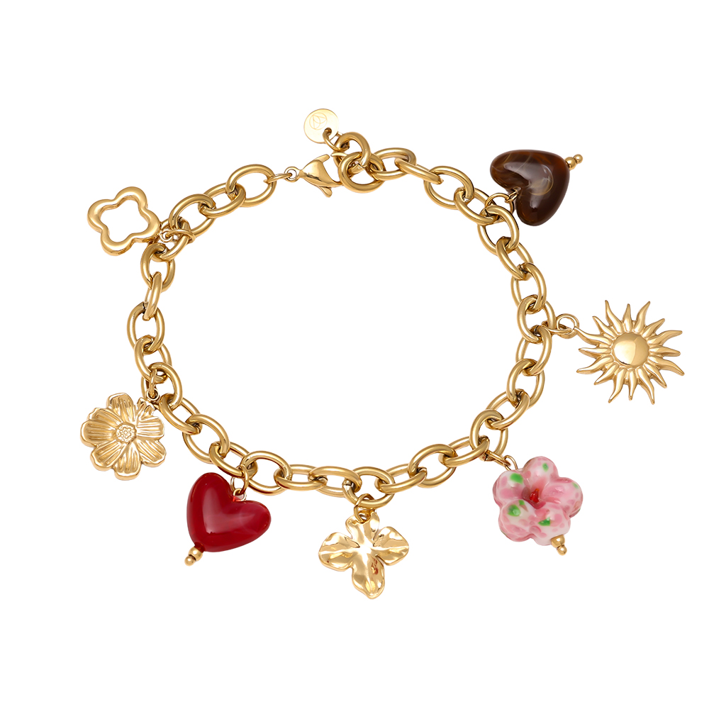 17cm Acryl Herz Blumen Beads Edelstahl Armband