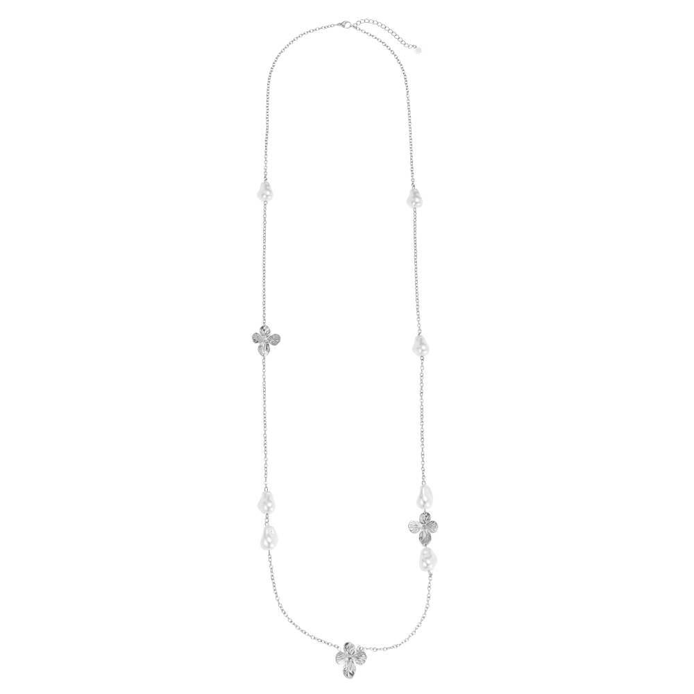 Edelstahl Halskette 95cm Blumen und Perlen