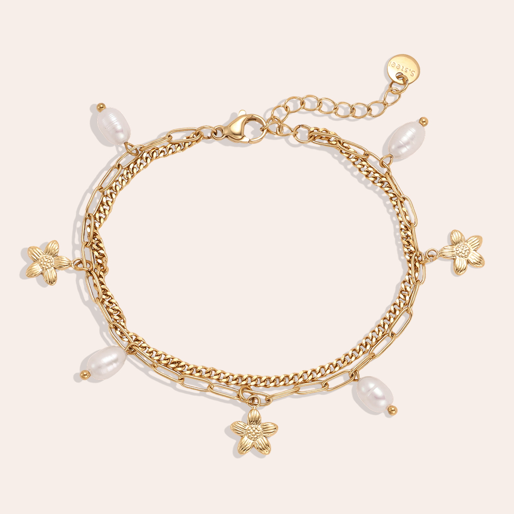 Edelstahl Armband 17cm zweireihiges mit goldener Blume und Perlen