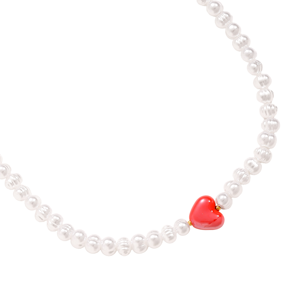 41cm Red Heart In Big Pearl Chain Edelstahl Halskette   