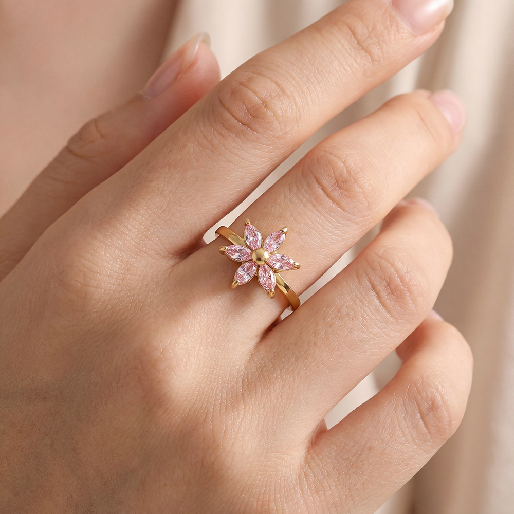 Edelstahl Ring Verstellbarer rosa Zirkonblume