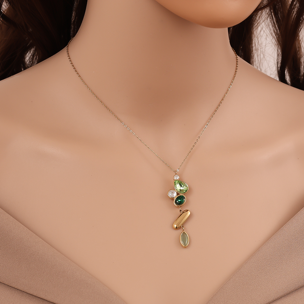 42cm Grüne Stein Edelstahl Halskette