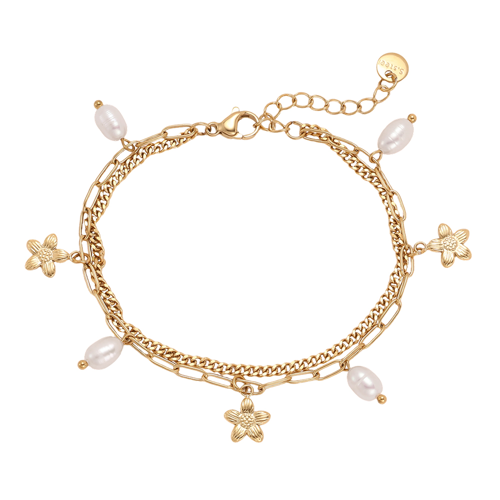Edelstahl Armband 17cm zweireihiges mit goldener Blume und Perlen