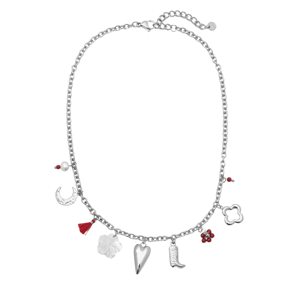 41cm Herz Stiefel Blume und Mond Edelstahl Halskette